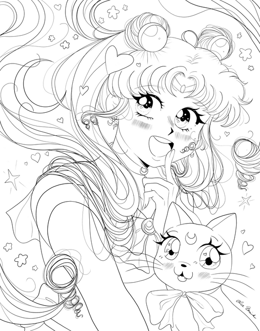 Sailor Moon and Luna Coloring Page