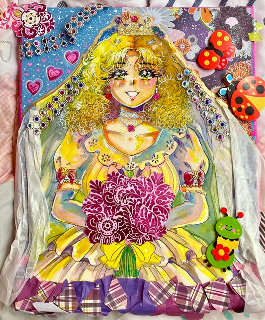 Bride 70s Anime Style Collage and Watercolor Original Painting