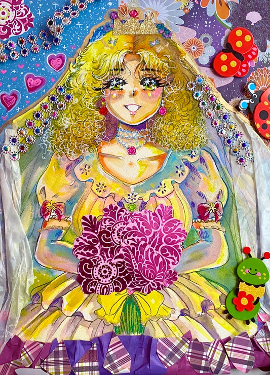 Bride 70s Anime Style Collage and Watercolor Original Painting